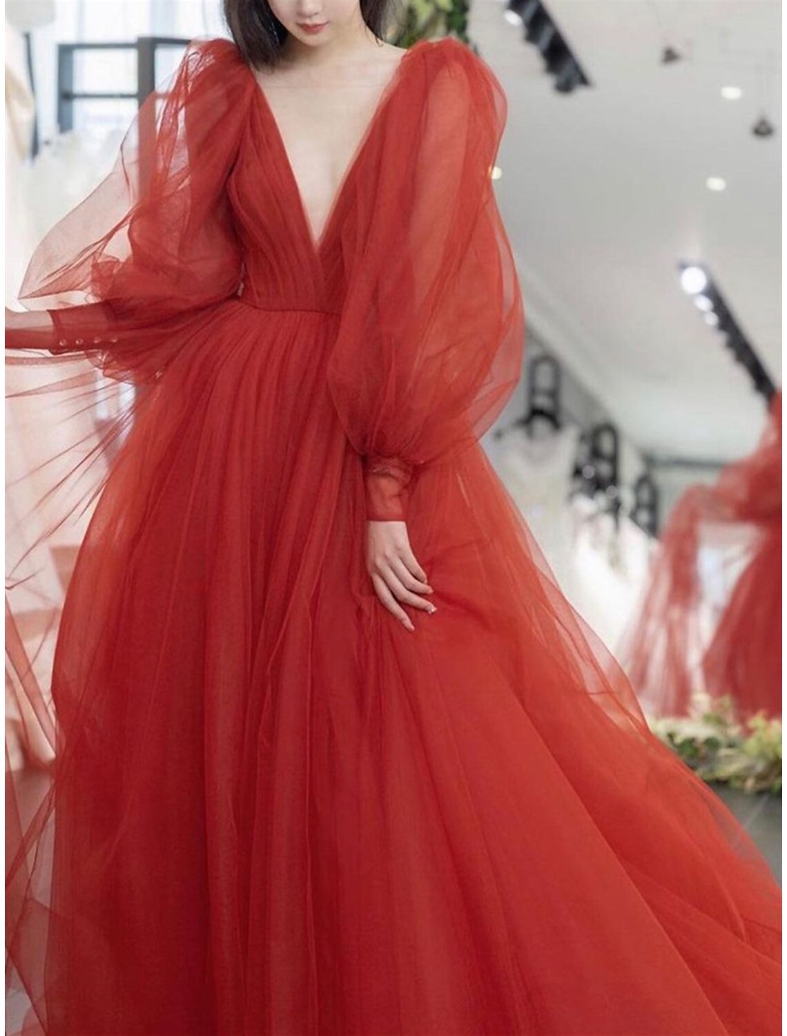 A-Line Prom Dresses Luxurious Dress Engagement Prom Watteau Train Long Sleeve V Neck Tulle V Back with Sleek Pure Color 2025